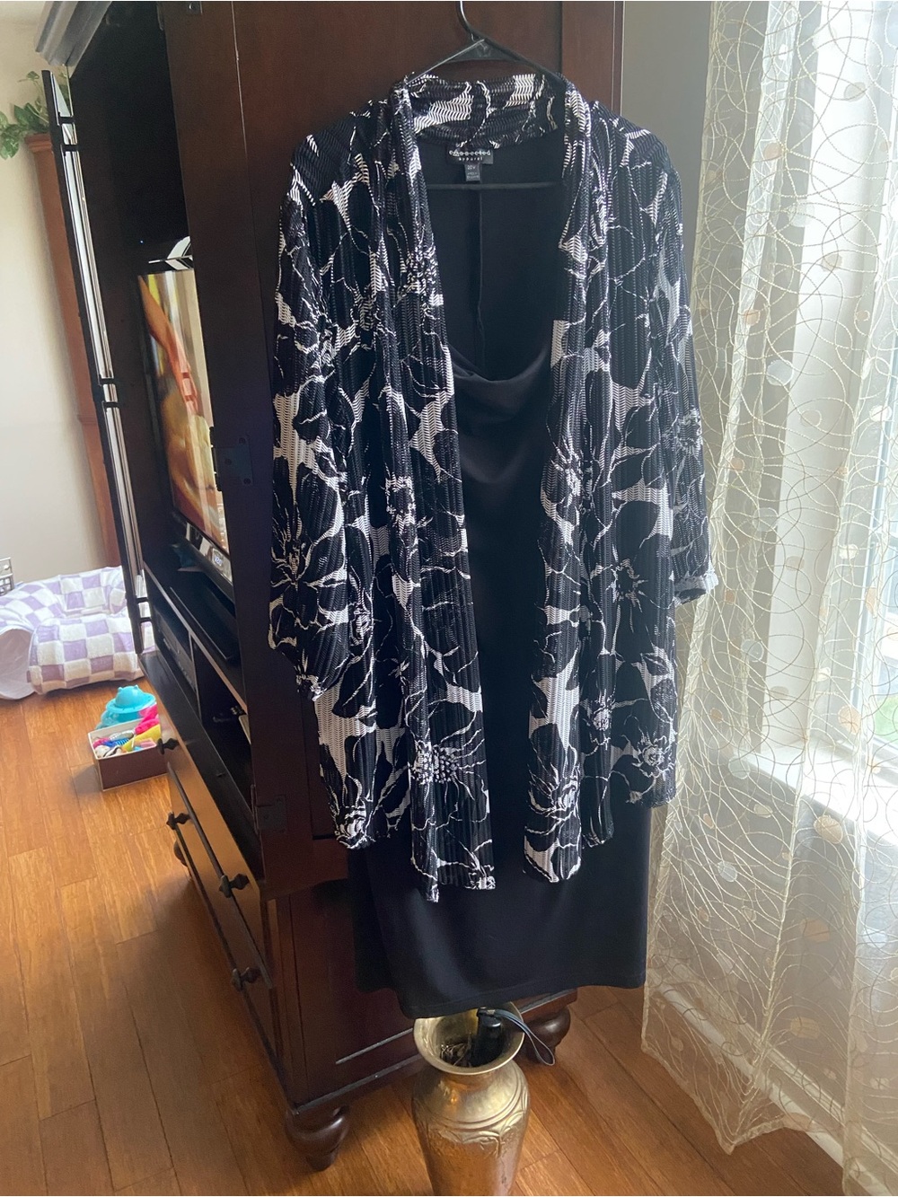 Black Floral Open-Front Women's Cardigan & Sheath Dress- Petite Sophisticate
